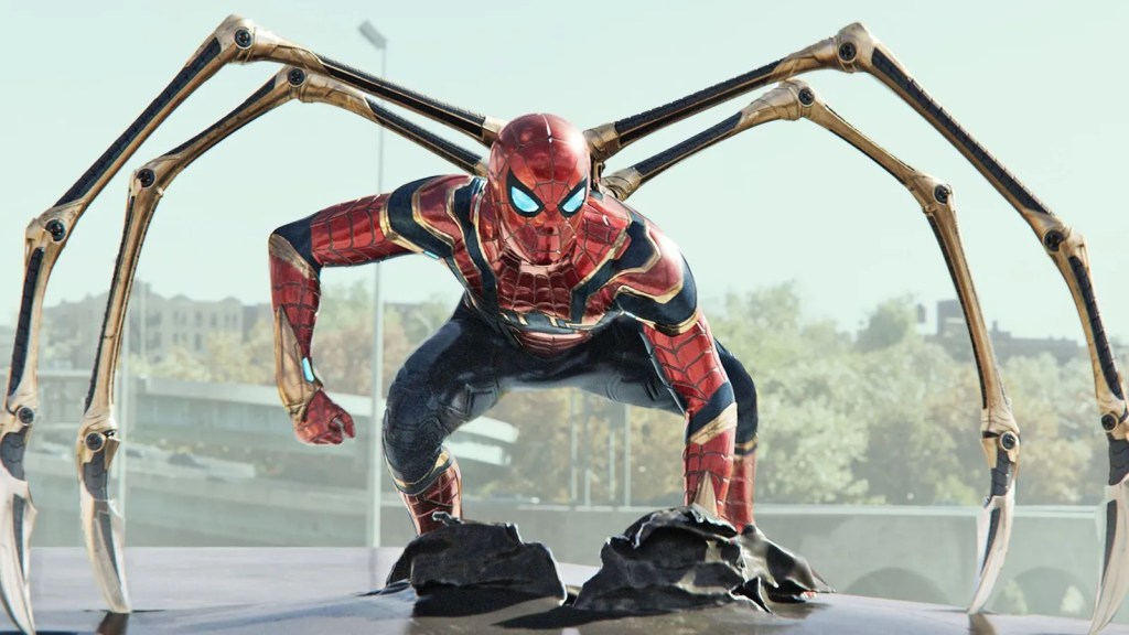 Spider-Man is poised, ready to fight, with his mechanical arms deployed.